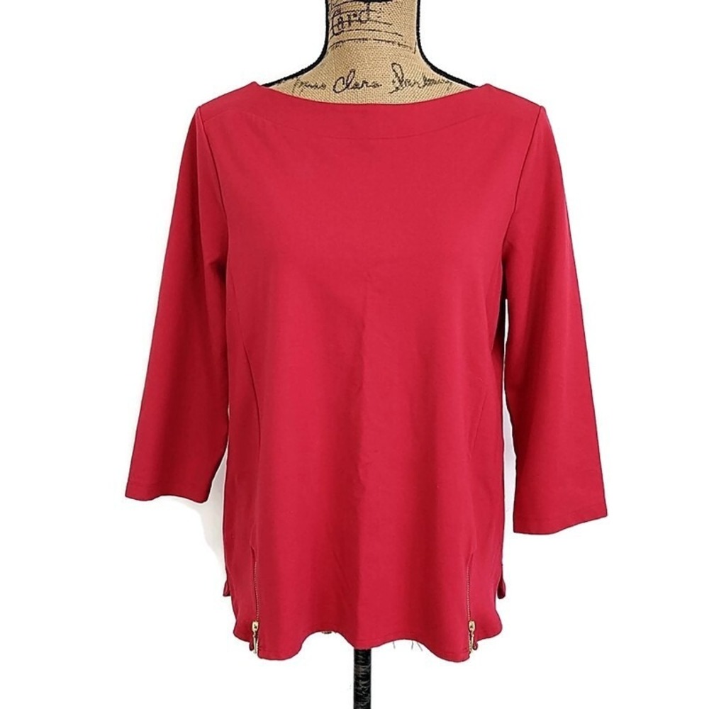 Chico's Boatneck Top Womens Size 1 Red 3/4 Sleeve Side Zip Ponte Knit‎ Blouse